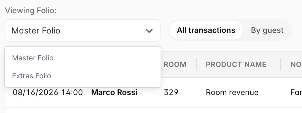 The Viewing Folio dropdown open, listing two options: Master Folio and Extras Folio.