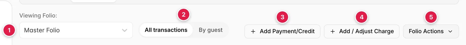 The folio toolbar: a "Viewing Folio:" label above a dropdown reading Master Folio, a two-way switch with All transactions selected and By guest beside it, then three buttons, Add Payment/Credit, Add / Adjust Charge, and Folio Actions.