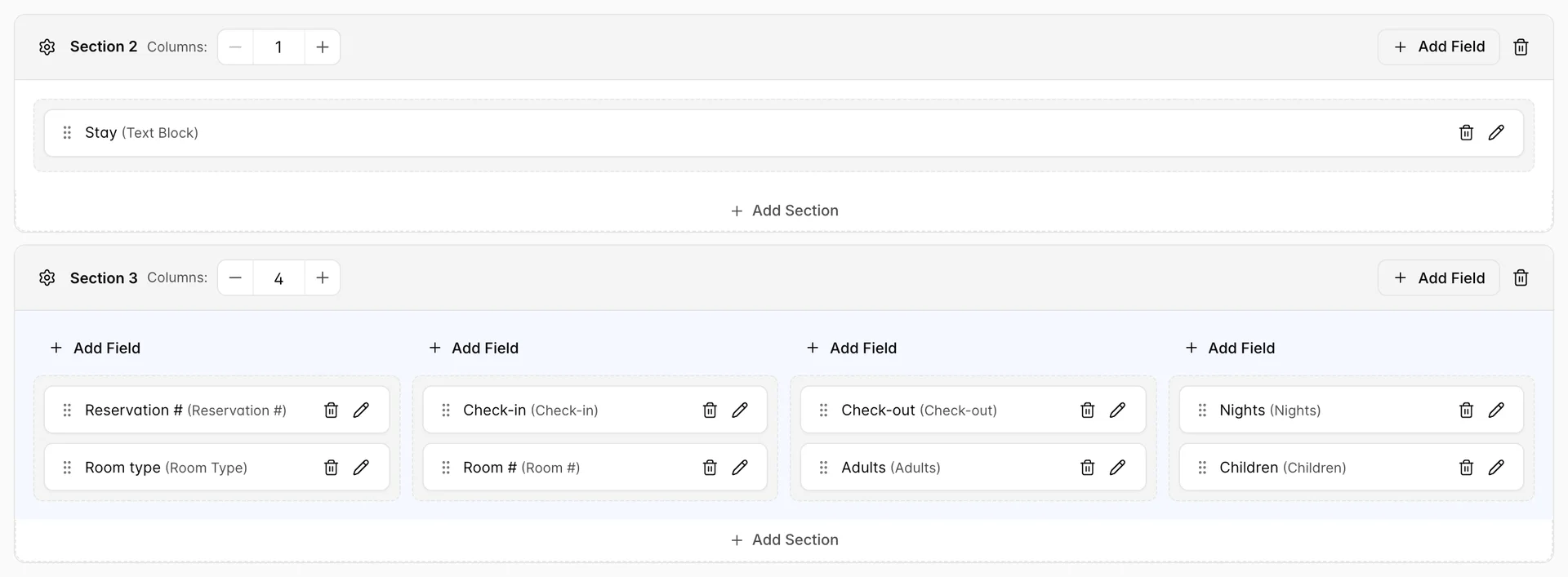 Two sections of the registration card builder. Section 2 has its Columns stepper on 1 and holds a single Text Block tile reading Stay, which is the printed heading. Section 3 has its stepper on 4 and spreads eight tiles across four columns: Reservation # and Room type, then Check-in and Room #, then Check-out and Adults, then Nights and Children. Every tile names its field type in brackets and carries a bin and a pencil button. Add Field sits in the section header and again at the top of each column.