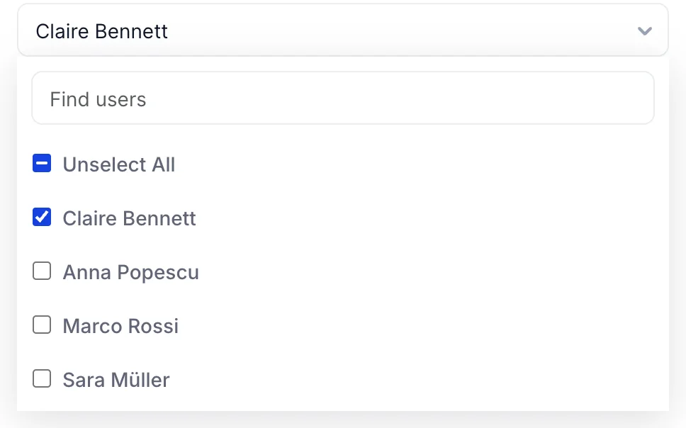 The Select Users picker open, with a Find users search box, an Unselect All row whose checkbox is in a mixed state, Claire Bennett ticked, and Anna Popescu, Marco Rossi and Sara Müller unticked.