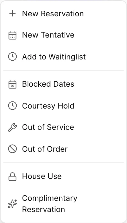 Das Menü „Create New“ ist geöffnet und enthält folgende Einträge: „New Reservation“, „New Tentative“, „Add to Waitinglist“, „Blocked Dates“, „Courtesy Hold“, „Out of Service“, „Out of Order“, „House Use“ und „Complimentary Reservation“.