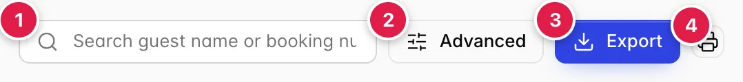 Rechts in der Filterzeile: ein Suchfeld mit der Aufschrift „Search“ (guest name) oder „booking number“, eine Schaltfläche „Advanced“, eine blaue Schaltfläche „Export“ sowie ein Druckersymbol.