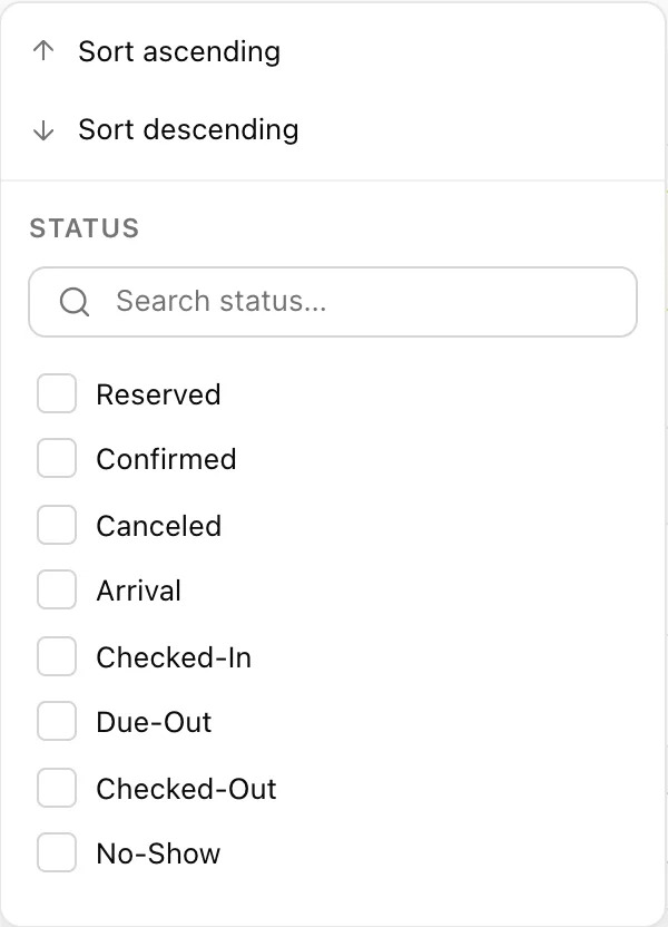 Die Spalte „Status“ ist geöffnet und zeigt die Optionen „Aufsteigend sortieren“ und „Absteigend sortieren“ über einem Suchfeld und einer scrollbaren Checkliste mit Status an, von denen „Reserved“, „Confirmed“, „Canceled“, „Arrival“, „Checked-In“, „Due-Out“, „Checked-Out“ und „No-Show“ sichtbar sind.