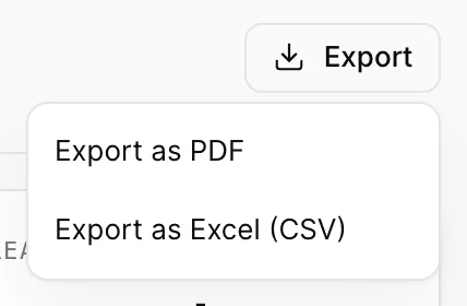 The Export button in the page header with its menu open, offering Export as PDF and Export as Excel (CSV).