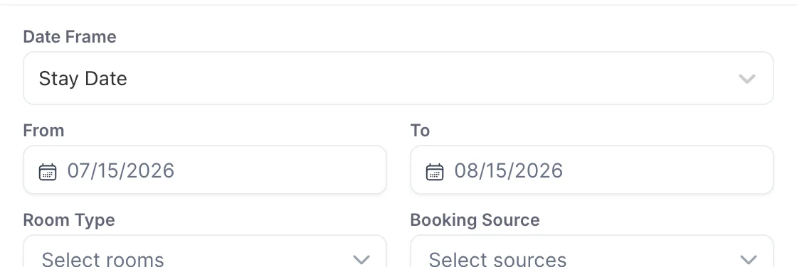 The top of the Room Revenue by Room Type filter panel: a Date Frame selector set to Stay Date, From and To fields holding 07/15/2026 and 08/15/2026, and Room Type and Booking Source selectors below them.