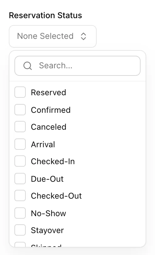 The Reservation Status filter open in the housekeeping board filter drawer, a search box above tick boxes for Reserved, Confirmed, Canceled, Arrival, Checked-In, Due-Out, Checked-Out, No-Show and Stayover, with Skipped and Tentative below the scroll.