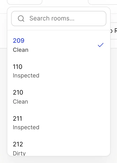 The Assignment dropdown of the first row open, listing room 209 followed by rooms 110, 210, 211, 212 and more, each with a housekeeping status underneath such as Clean, Inspected or Dirty.