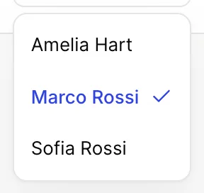 The Lead Guest dropdown of the second row open, listing Amelia Hart, Marco Rossi and Sofia Rossi.
