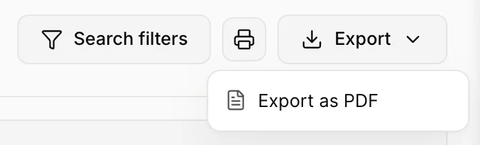 The Out of order report toolbar: a Search filters button, a printer icon button, and an Export button whose open menu holds a single item, Export as PDF.