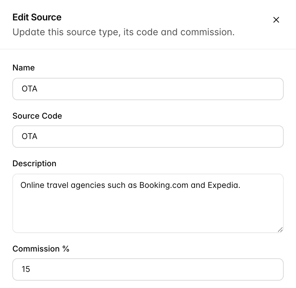 Der obere Teil der Edit Source Schublade ist auf der OTA type geöffnet, mit der Überschrift „Update“ dieses source type, dessen Code und Provision, mit dem Namen OTA, Source Code unter OTA, einem description über Online-Reiseagenturen wie Booking.com und Expedia sowie Commission % unter 15.