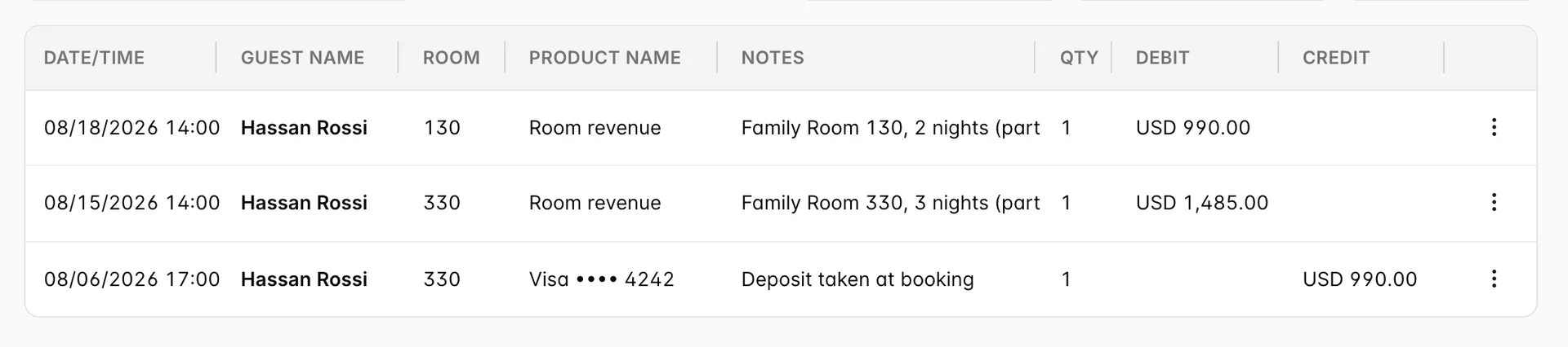 The folio of reservation 20260387: a room revenue line of USD 1,485.00 noted "Family Room 330, 3 nights (part 1 of 2)", a second of USD 990.00 noted "Family Room 130, 2 nights (part 2 of 2)", and a payment of USD 990.00.