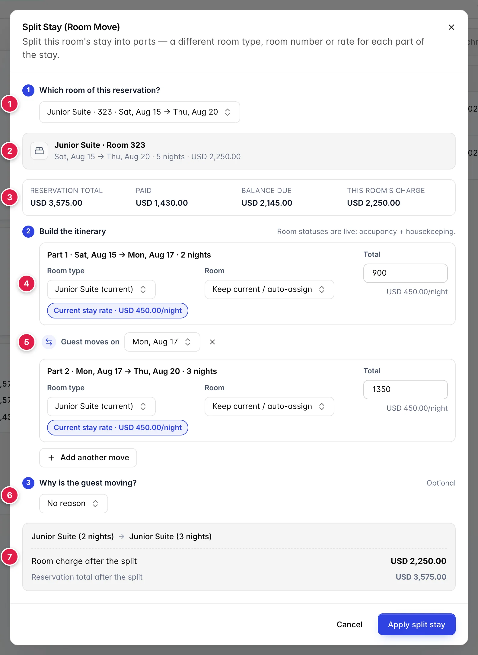 The Split Stay (Room Move) dialog for reservation 20260386. Step 1 picks the room line, a card underneath reads Junior Suite Room 323, Sat Aug 15 to Thu Aug 20, 5 nights, USD 2,250.00, and a strip shows Reservation total USD 3,575.00, Paid USD 1,430.00, Balance due USD 2,145.00, This room’s charge USD 2,250.00. Step 2 builds the itinerary as two parts either side of a Guest moves on date. Step 3 asks why the guest is moving. A summary at the foot totals the room charge after the split.