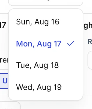 The Guest moves on select open, listing the four dates the boundary can take: Sun Aug 16, Mon Aug 17, Tue Aug 18 and Wed Aug 19.