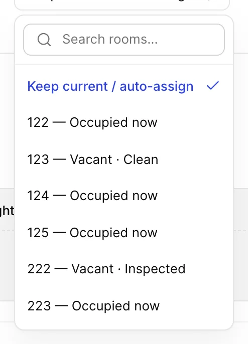 The Room combobox of the second part, open on a search field above a list: Keep current / auto-assign with a tick, then 122 Occupied now, 123 Vacant Clean, 124 Occupied now, 125 Occupied now, 222 Vacant Inspected and 223 Occupied now.