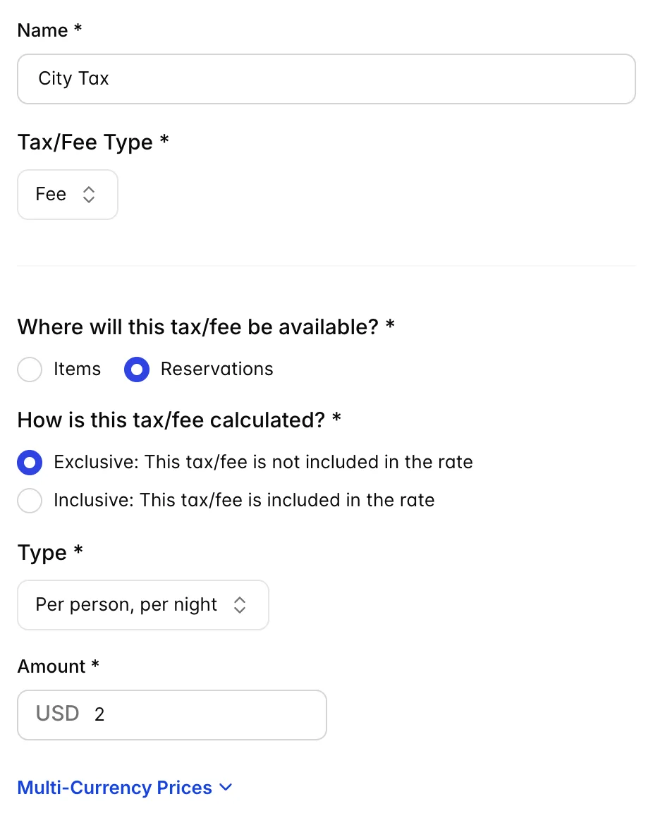 The Edit Tax or Fee drawer for City Tax, with Tax/Fee Type set to Fee, Where will this tax/fee be available set to Reservations, How is this tax/fee calculated set to Exclusive, this tax/fee is not included in the rate, Type Per person per night, and an Amount of 2 prefixed with USD.