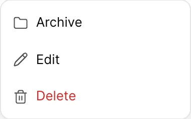 Le menu horizontal s'ouvre sur une note d'active, comportant les rubriques «Archive», «Edit» et «Delete», avec «Delete» en rouge.