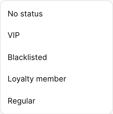Le menu «guest status » s'ouvre dans l'en-tête du profil et répertorie les options «No status» au-dessus de «VIP», «Blacklisted», «Loyalty member» et «Regular».