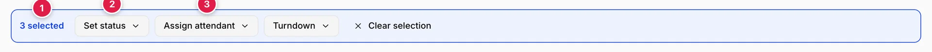 Three rows selected by checkbox and a bulk action bar above the table reading 3 selected, with Set status, Assign attendant, Turndown and Clear selection buttons.