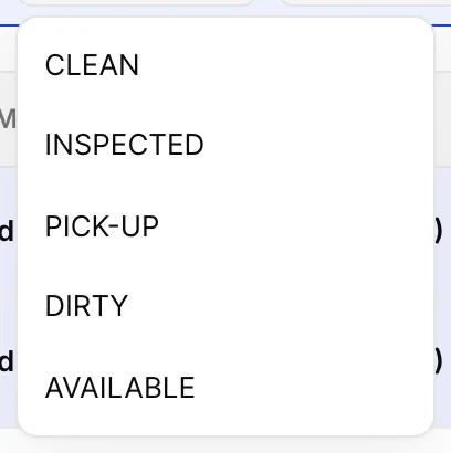 The Set status menu open from the bulk action bar, offering CLEAN, INSPECTED, PICK-UP, DIRTY and AVAILABLE but not the two out-of-order options.