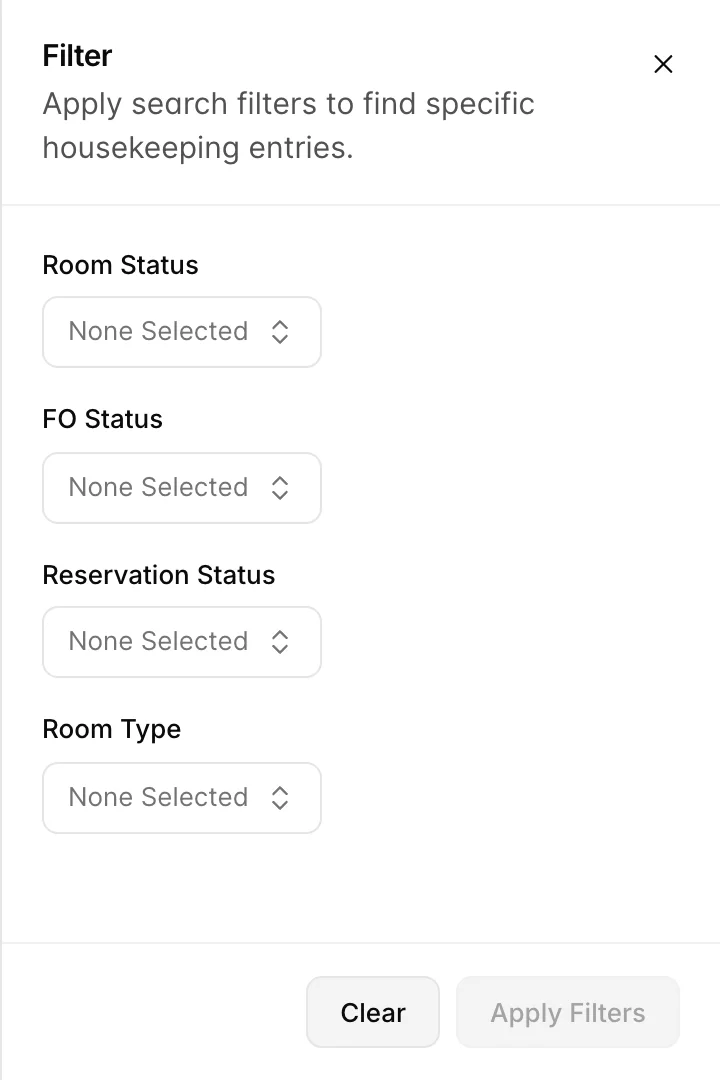 The Filter drawer with four dropdowns: Room Status, FO Status, Reservation Status and Room Type, each reading None Selected, above Clear and Apply Filters buttons.