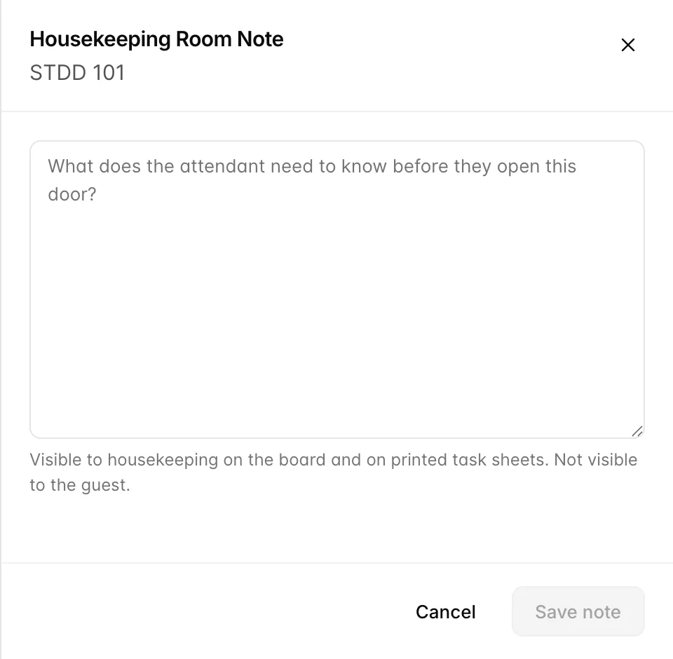 The Housekeeping Room Note drawer for STDD 101, with an empty note box, a hint reading that the note is visible to housekeeping on the board and on printed task sheets but not to the guest, and Cancel and Save note buttons.