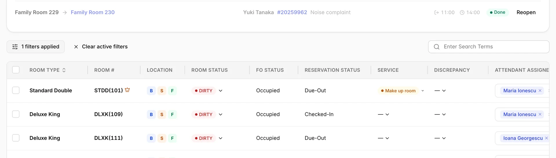 The Dirty tile highlighted and pressed, with the table below it now listing only rooms whose room status is DIRTY.