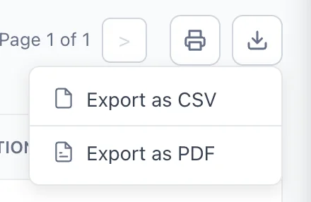 Le menu d’exportation s’ouvre dans la barre de commandes située au-dessus de la liste «All Sales », à côté de l’indicateur de page « Page 1 sur 1 » et d’un bouton d’impression. Il propose les options « Exporter au format CSV » et « Export as PDF ».