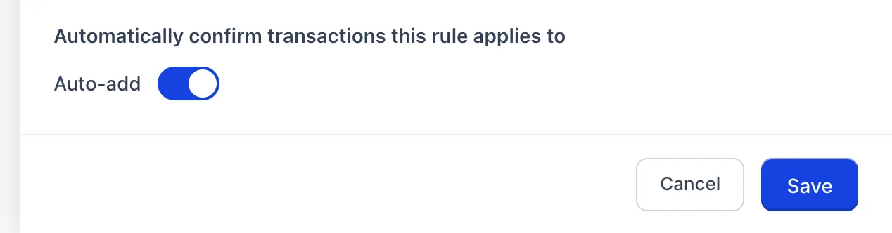 The bottom of the rule panel for Card acquiring fees: a heading reading "Automatically confirm transactions this rule applies to" above an Auto-add toggle switched on, with Cancel and Save buttons under a divider.