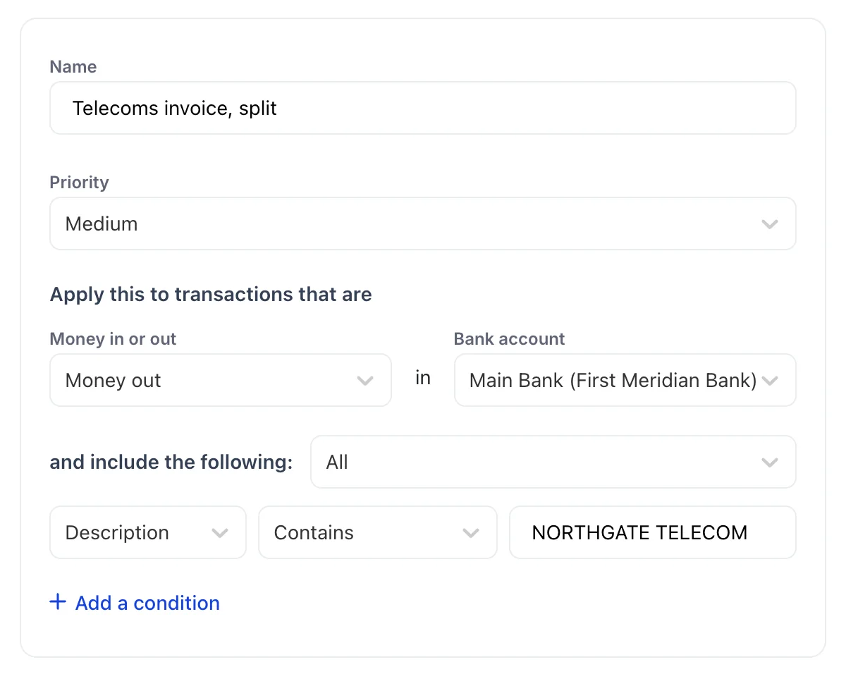 The top of the rule panel for Telecoms invoice, split: a Name field holding "Telecoms invoice, split", a Priority dropdown set to Medium, then "Apply this to transactions that are" with Money in or out set to Money out and Bank account set to Main Bank (First Meridian Bank), then "and include the following:" set to All above one condition row reading Description, Contains, NORTHGATE TELECOM, with an Add a condition link below.