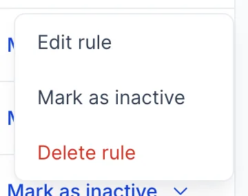 The row menu open on the Card acquiring fees rule, offering Edit rule, Mark as inactive, and Delete rule in red.