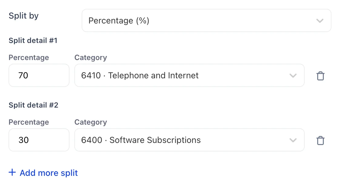 The split section of the rule panel for Telecoms invoice, split: Split by set to Percentage (%), then Split detail #1 at 70 to 6410 Telephone and Internet and Split detail #2 at 30 to 6400 Software Subscriptions, each with a delete icon, and an Add more split link underneath.