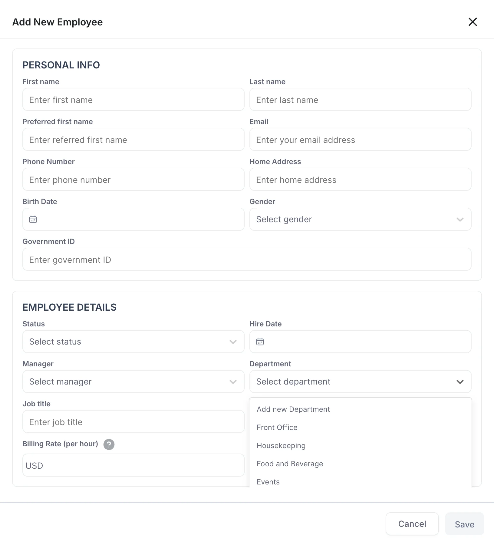 The Department dropdown open on the same panel, listing Add new Department first and then Front Office, Housekeeping, Food and Beverage and Events, with more below the fold.