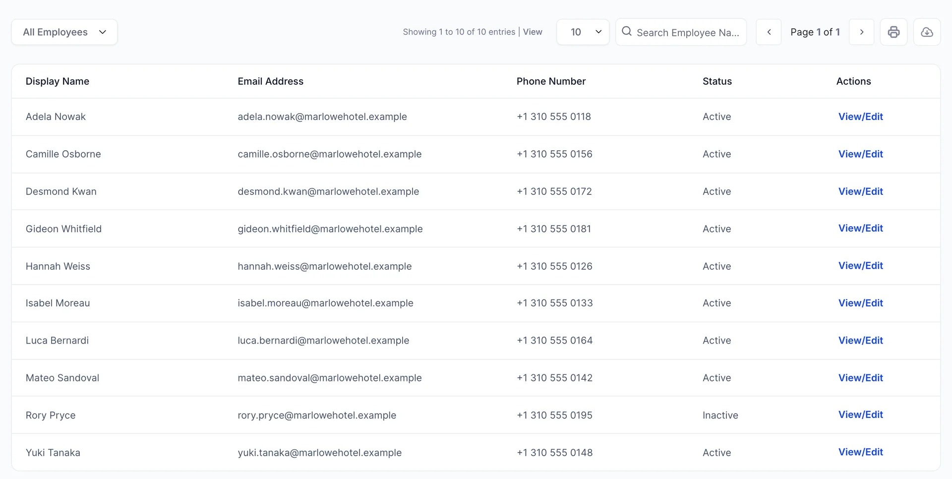 The Employees list, ten people sorted by first name, under columns reading Display Name, Email Address, Phone Number, Status and Actions. Nine rows read Active and Rory Pryce reads Inactive. Above the table sit an All Employees dropdown, "Showing 1 to 10 of 10 entries", a page size of 10, a Search Employee Name box and Page 1 of 1.