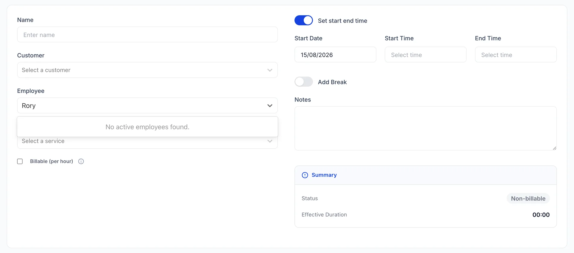The Employee dropdown on the same form with "Rory" typed into it. The list below reads "No active employees found."