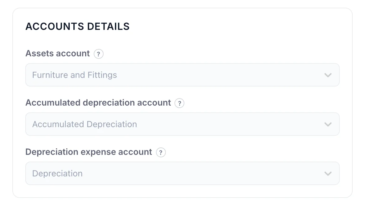Der Abschnitt „ACCOUNTS“DETAILSs im selben Fenster, der durch Scrollen in den sichtbaren Bereich gerückt wurde. Drei Dropdown-Menüs, jeweils mit einem Tooltip in Form eines Fragezeichens neben der Beschriftung: „Assets account“ ist auf „Furniture and Fittings“ eingestellt, „Accumulated depreciation account“ ist auf „Accumulated Depreciation“ eingestellt und „Depreciation expense account“ ist auf „Depreciation“ eingestellt.