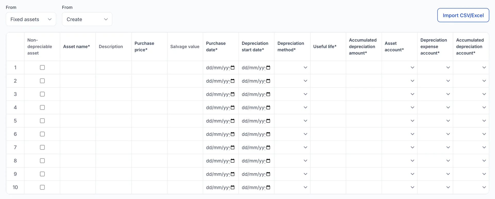 Das Raster „Add Multiple Assets“ besteht aus zehn leeren, nummerierten Zeilen unter dreizehn Spalten: „Non-depreciable asset“, „Asset name“, „Description“, „Purchase price“, „Salvage value“, „Purchase date“, „Depreciation start date“, „Depreciation method“, „Useful life“, „Accumulated depreciation amount“, „Asset account“, „Depreciation expense account“ und „Accumulated depreciation account“. Mit Ausnahme von „Description“ und „Salvage value“ sind alle Felder mit einem Sternchen gekennzeichnet. Über dem Raster befindet sich die Schaltfläche „Import CSV/Excel“, darunter die Schaltflächen „Cancel“ und „Save template“.