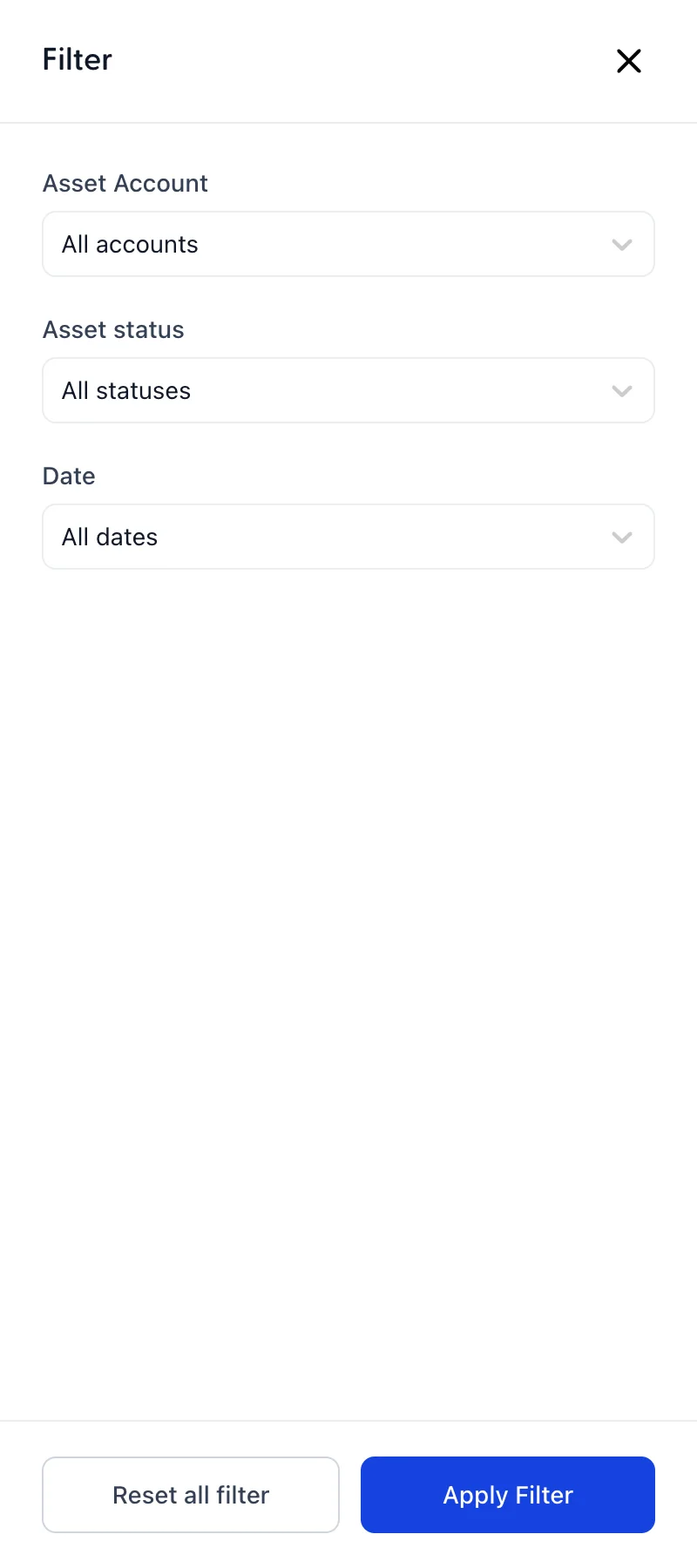 Die Filter-Seitenleiste für das Register enthält drei Dropdown-Menüs: „Asset Account“ (Anlegen), eingestellt auf „All accounts“ (Alle Konten), „Asset“ (Anlage), eingestellt auf „status“ (Alle Status) und „Date“ (Datum), eingestellt auf „All dates“ (Alle Daten). „Reset all filter“ (Filter anwenden) und „Apply Filter“ (Filter anwenden) befinden sich unten.