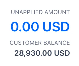 Las dos cifras que aparecen en la parte superior del formulario «payment» tras haber seleccionado la Universidad de Stanhope indican «UNAPPLIED AMOUNT 0,00 USD» y «CUSTOMER BALANCE 28.930,00 USD».