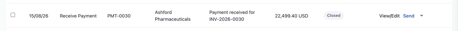 Payment PMT-0030 en la lista All Sales: con fecha del 15/08/26, type Receive Payment, customer Ashford Pharmaceuticals, nota «Payment» recibida por INV- 2026-0030, importe de 22 499,40 USD y un status de Closed.
