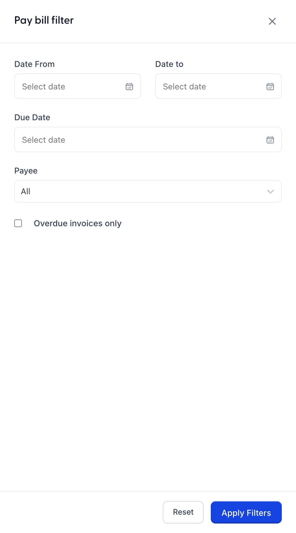 Le panneau de filtrage « Pay bill » : les sélecteurs « Date From » et « Date to » côte à côte, un sélecteur « Due Date » situé en dessous, une liste déroulante « Payee » réglée sur « All », ainsi qu’une case à cocher « Overdue invoices only » non cochée, avec les boutons « Reset » et « Apply Filters » au bas du panneau.
