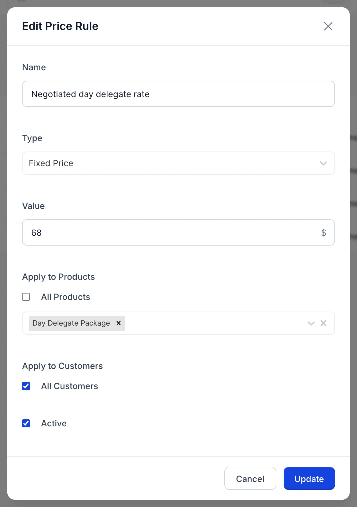 The Edit Price Rule dialog open on Negotiated day delegate rate. Name holds that text, Type reads Fixed Price, and Value holds 68 with a dollar sign at the right of the box instead of a percent sign. Under Apply to Products the All Products checkbox is unticked and a picker below it holds a single chip reading Day Delegate Package. Apply to Customers still has All Customers ticked, and Active is ticked. The blue button now reads Update rather than Save.