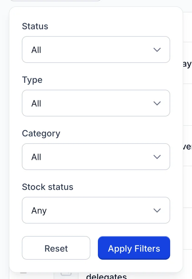 The Search Filters panel open on the Products and services screen, with four dropdowns: Status set to All, Type set to All, Category set to All, and Stock status set to Any, above Reset and Apply Filters buttons.