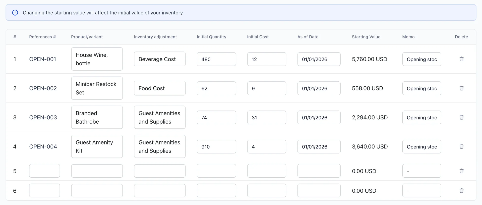 The Inventory Starting Value screen. Four rows numbered OPEN-001 to OPEN-004 hold House Wine, bottle with an inventory adjustment of Beverage Cost, 480 at a cost of 12 as of 01/01/2026 worth 5,760.00 USD; Minibar Restock Set against Food Cost, 62 at 9 worth 558.00 USD; Branded Bathrobe against Guest Amenities and Supplies, 74 at 31 worth 2,294.00 USD; and Guest Amenity Kit against the same account, 910 at 4 worth 3,640.00 USD. Two empty rows follow, and a blue banner at the top reads "Changing the starting value will affect the initial value of your inventory".