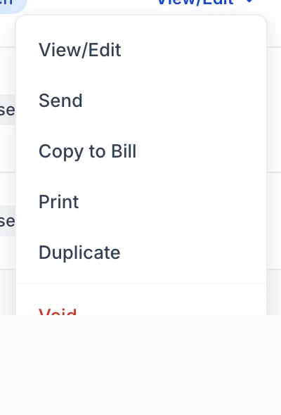Das Zeilenmenü „open“ zur Bestellung PO-2026-0018, in dem die Optionen „View/Edit“, „Send“, „Copy to Bill“, „Print“ und „Duplicate“ oberhalb einer Trennlinie aufgeführt sind, gefolgt von „Void“ und „Delete“ in roter Schrift.