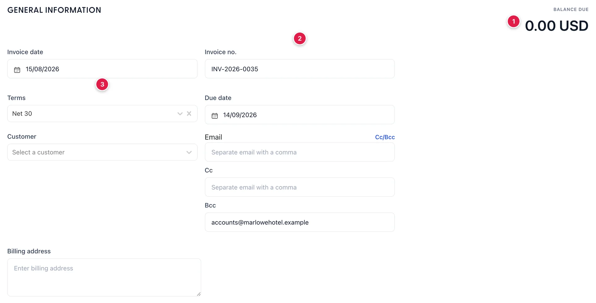 The top of a blank Invoice. A GENERAL INFORMATION heading sits on the left and BALANCE DUE 0.00 USD on the right. Below them Invoice date reads 15/08/2026, Terms reads Net 30, Due date reads 14/09/2026 and Invoice no. reads INV-2026-0035. Customer reads Select a customer, the Email box is empty, a labelled Cc box is empty, a labelled Bcc box already holds accounts@marlowehotel.example, and Billing address is empty.
