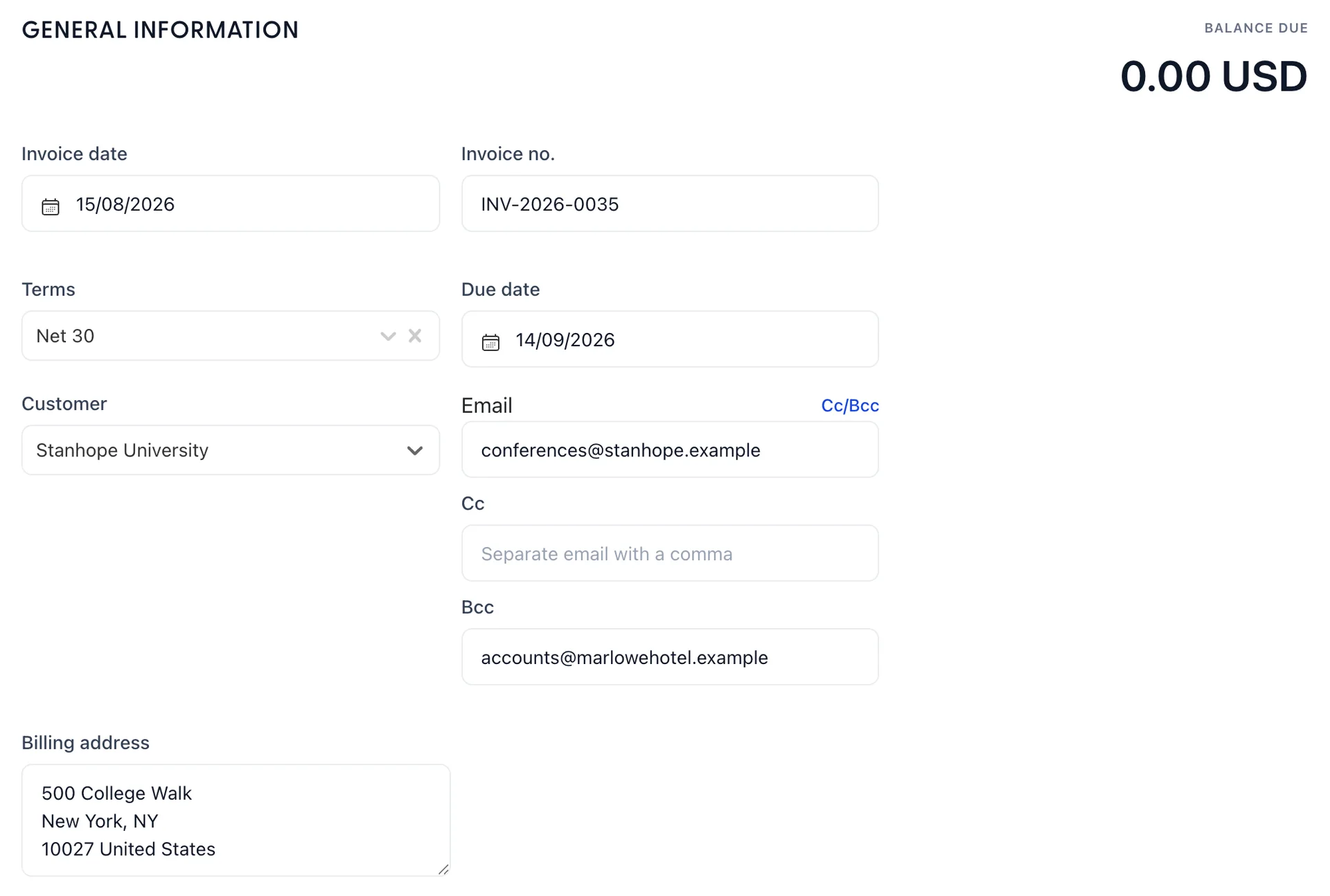 The same section of a blank invoice after Stanhope University has been chosen. Email now reads conferences@stanhope.example and Billing address holds three lines reading 500 College Walk, New York, NY and 10027 United States.