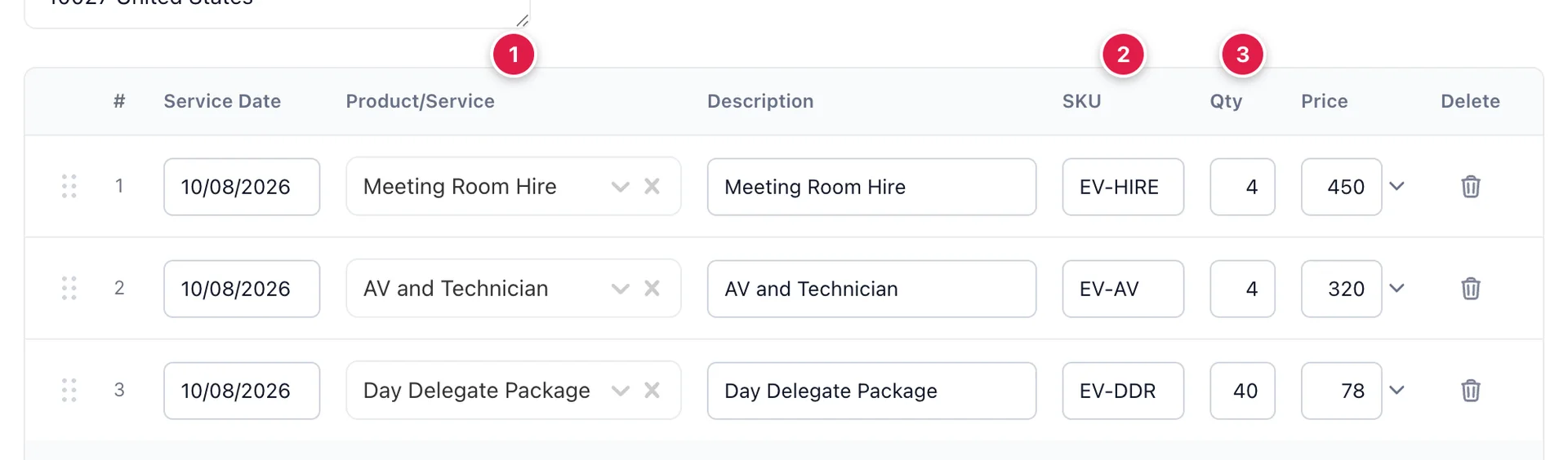 The line item grid of invoice INV-2026-0033. Columns read #, Service Date, Product/Service, Description, SKU, Qty, Price and Delete. Line 1 is Meeting Room Hire, SKU EV-HIRE, 4 at 450; line 2 is AV and Technician, EV-AV, 4 at 320; line 3 is Day Delegate Package, EV-DDR, 40 at 78.