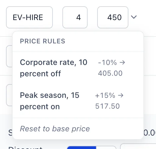 The price rule menu open under the Price field on the first line of an invoice, headed PRICE RULES. Corporate rate, 10 percent off offers -10% and a new price of 405.00; Peak season, 15 percent on offers +15% and 517.50; and a final entry reads Reset to base price.