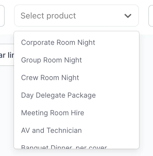 The Product/Service dropdown open on a line of a blank invoice, above a closed picker reading Select product. Six items are fully visible, in the order the catalogue keeps them rather than alphabetically: Corporate Room Night, Group Room Night, Crew Room Night, Day Delegate Package, Meeting Room Hire and AV and Technician, with Banquet Dinner, per cover half visible where the list scrolls.
