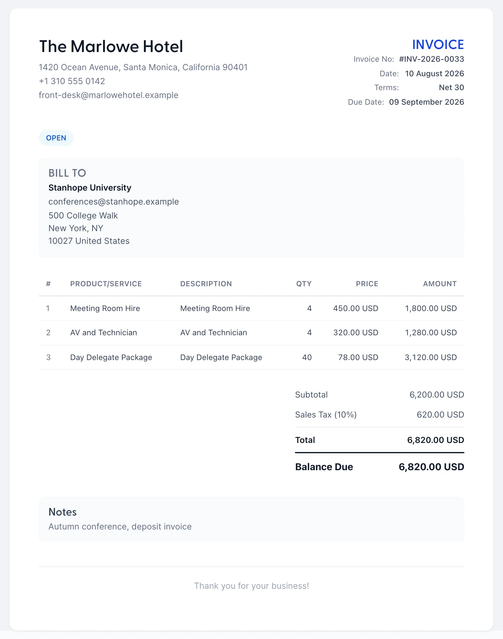 The invoice as the customer sees it after Send: a page headed INVOICE with The Marlowe Hotel and its address on the left, Invoice No #INV-2026-0033 dated 10 August 2026 on Net 30 terms and due 09 September 2026 on the right, an OPEN badge, and Bill To reading Stanhope University over a three line address. A table of three lines for Meeting Room Hire, AV and Technician and Day Delegate Package closes on a Subtotal of 6,200.00 USD, Sales Tax (10%) of 620.00 USD, a Total of 6,820.00 USD and a Balance Due of 6,820.00 USD.